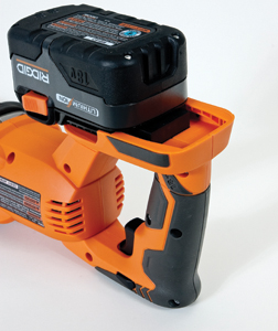 Most of today's cordless saws feature a slip-on style battery pack.